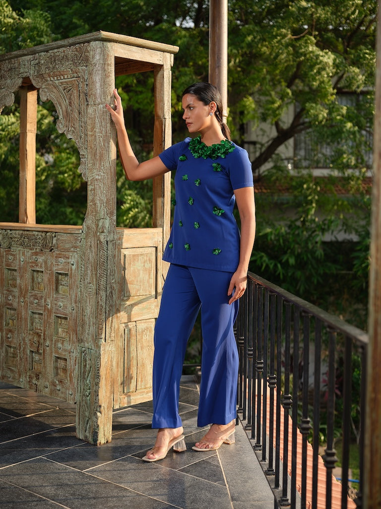 BLUE BLISS -  An electric blue co-ord  with green fabric  detailing paired with straight pants.