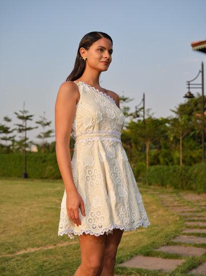 VIORA - A butter yellow off-shoulder cutwork dress with flare and lace detailing.