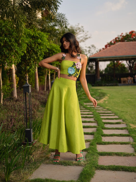 FLORIELLE - A teal green co-ord with floral and embroidered detailing paired with a tea-length