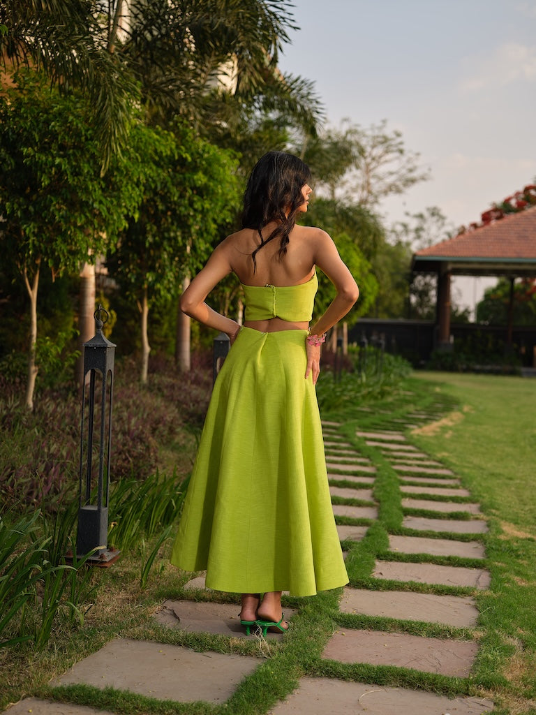 FLORIELLE - A teal green co-ord with floral and embroidered detailing paired with a tea-length