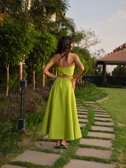 FLORIELLE - A teal green co-ord with floral and embroidered detailing paired with a tea-length