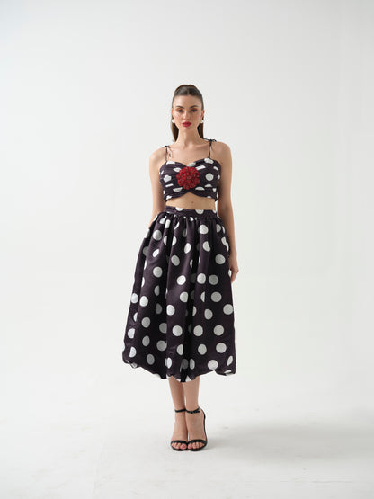 DOLLISH- Black polka dot  c0-ord with flower detailing