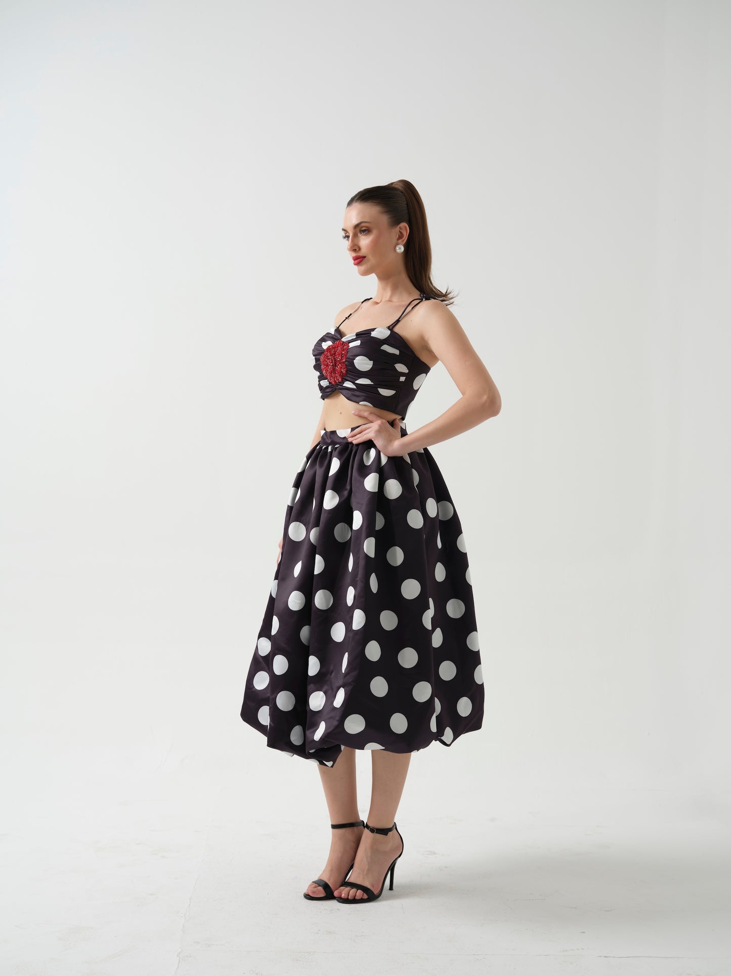 DOLLISH- Black polka dot  c0-ord with flower detailing