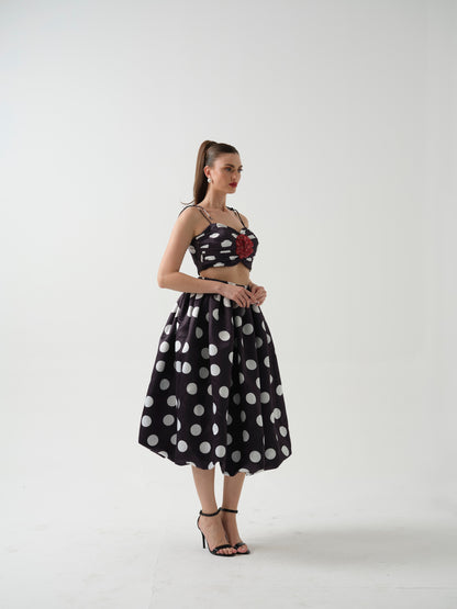 DOLLISH- Black polka dot  c0-ord with flower detailing