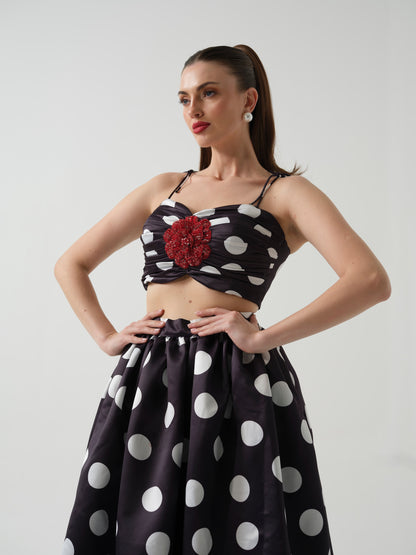 DOLLISH- Black polka dot  c0-ord with flower detailing