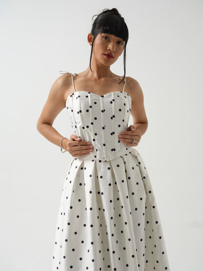 BLOOMIE- corset top paired it with tea length skirt.