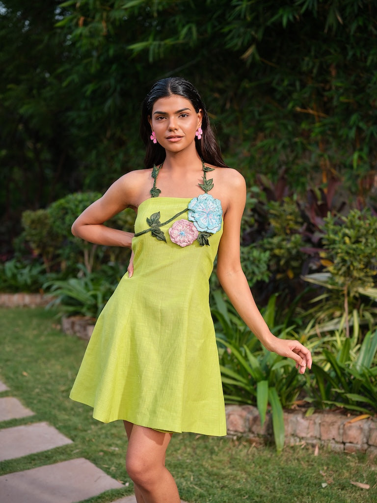 NOELLE-A teal green tube dress with princess cut and 3D embroidered appliqué.