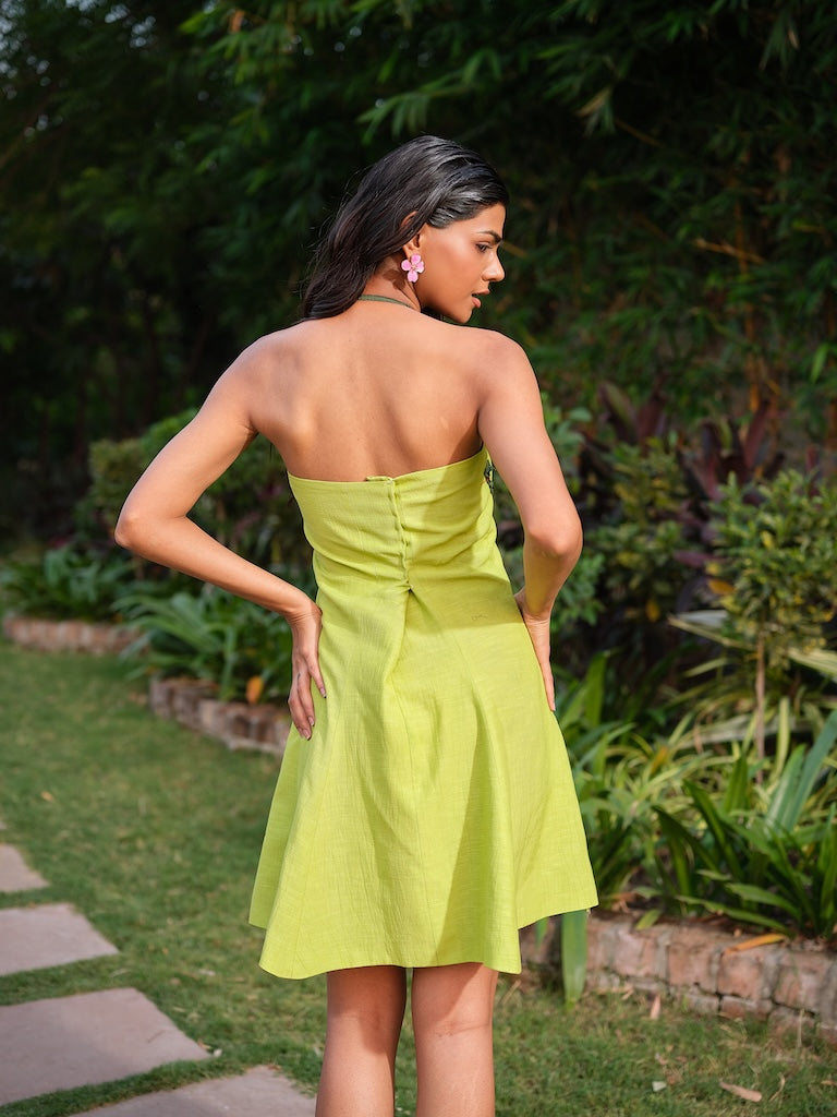 NOELLE-A teal green tube dress with princess cut and 3D embroidered appliqué.