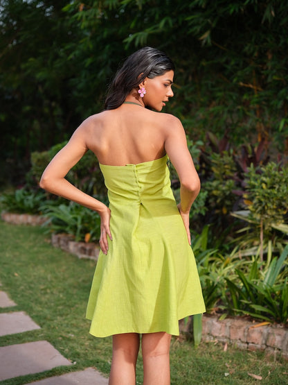 NOELLE-A teal green tube dress with princess cut and 3D embroidered appliqué.
