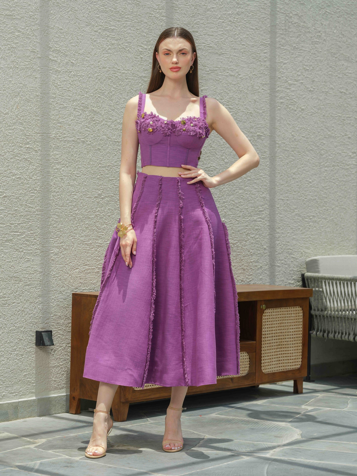 LAVISH - Co-ord featuring a floral-detailed fringed corset paired with a high-waisted fringe skirt