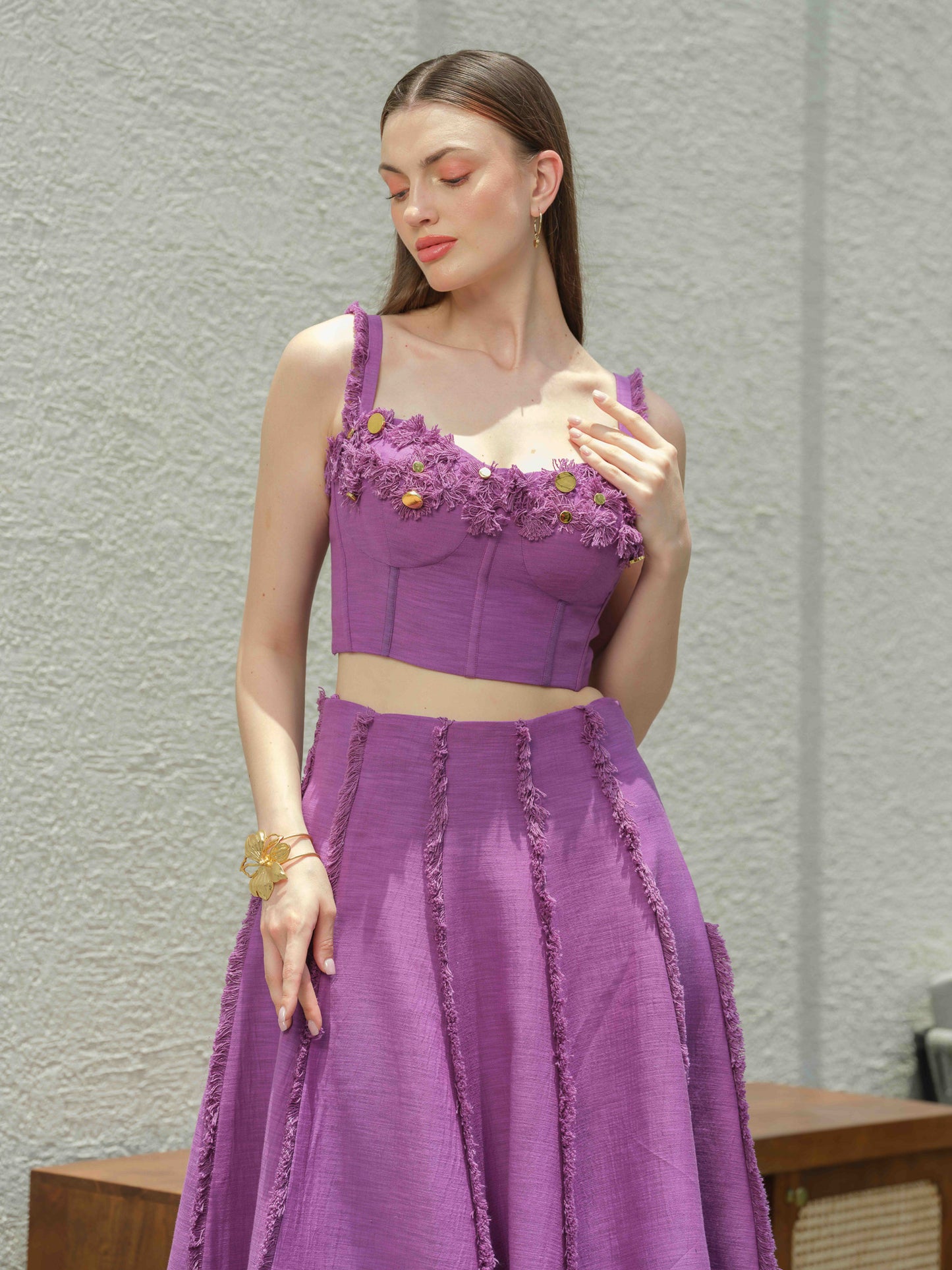 LAVISH - Co-ord featuring a floral-detailed fringed corset paired with a high-waisted fringe skirt