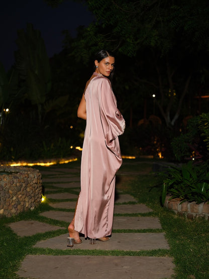 LORIELLE - Blush pink off-shoulder kaaftan dress adorned with delicate neck band