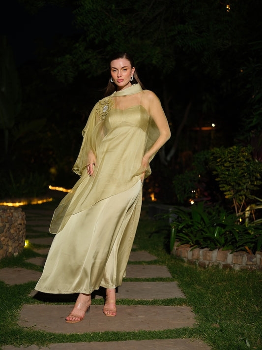 CIELORA - A sage green satin dress paired with a sheer organza jacket