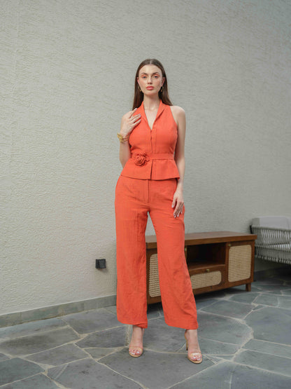 TANGARINE -Top with a detachable bow paired with tailored pants