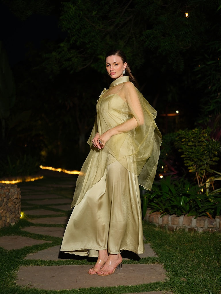 CIELORA - A sage green satin dress paired with a sheer organza jacket