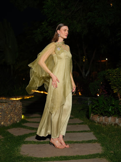 CIELORA - A sage green satin dress paired with a sheer organza jacket