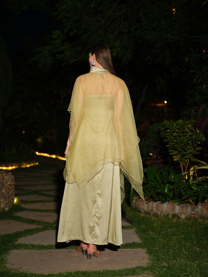 CIELORA - A sage green satin dress paired with a sheer organza jacket