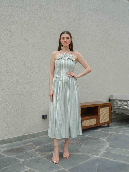 DAISY – A halterneck corset dress featuring fabric flower detailing on the top