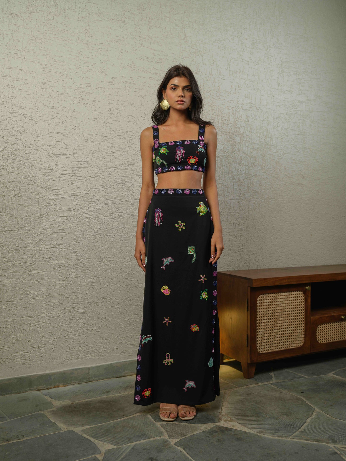 Rishina Talreja in Aquaire Co-ord set -  Black Tube top  and bodycon slit skirt with intricate embrodiery