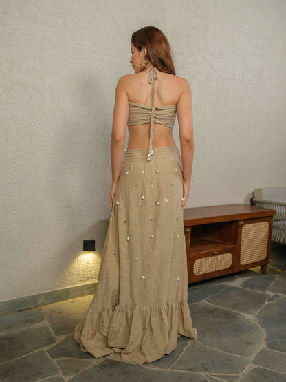 SHELLURA –  Halterneck dress with rope detailing on the bust, cowrie and shell embroidery