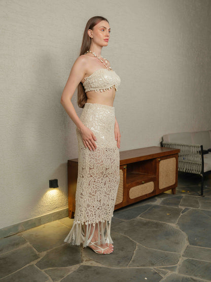 CORAL – crochet co-ord with a Kodi-detailed tube top paired with a pencil-fit skirt