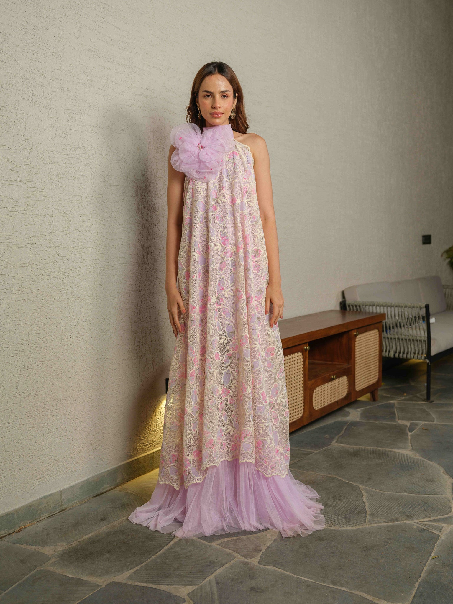 KRISTEN– a long georgette dress featuring a net bow at the back