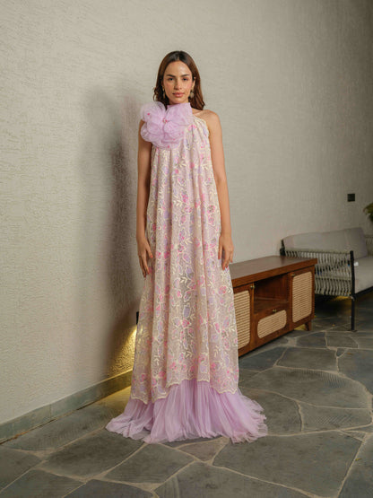 KRISTEN– a long georgette dress featuring a net bow at the back and 3D floral embellishments on the bodice.