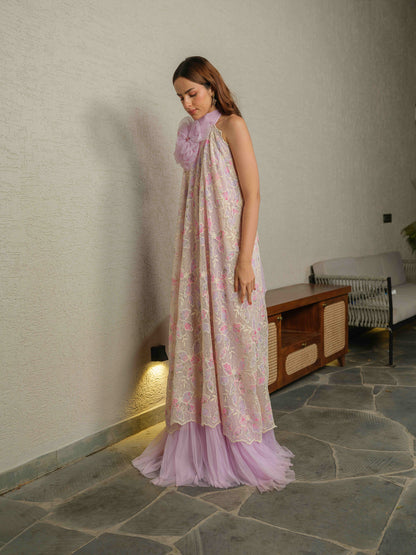 KRISTEN– a long georgette dress featuring a net bow at the back and 3D floral embellishments on the bodice.