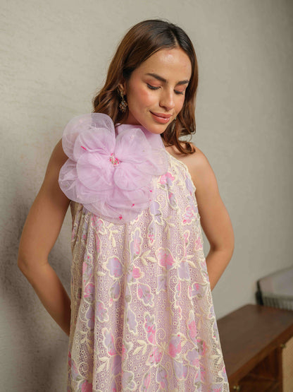 KRISTEN– a long georgette dress featuring a net bow at the back and 3D floral embellishments on the bodice.