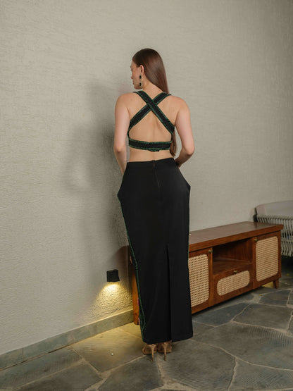 OBSCURA – Tube top with embroidery paired with a structured skirt featuring 3D embroidered detailing.