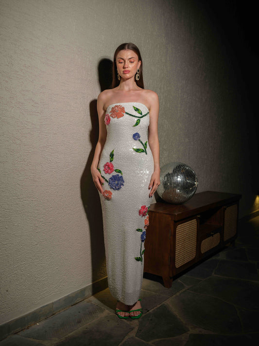 SHANORA – A white sequin long dress featuring intricate applique work and 3D floral embroidery
