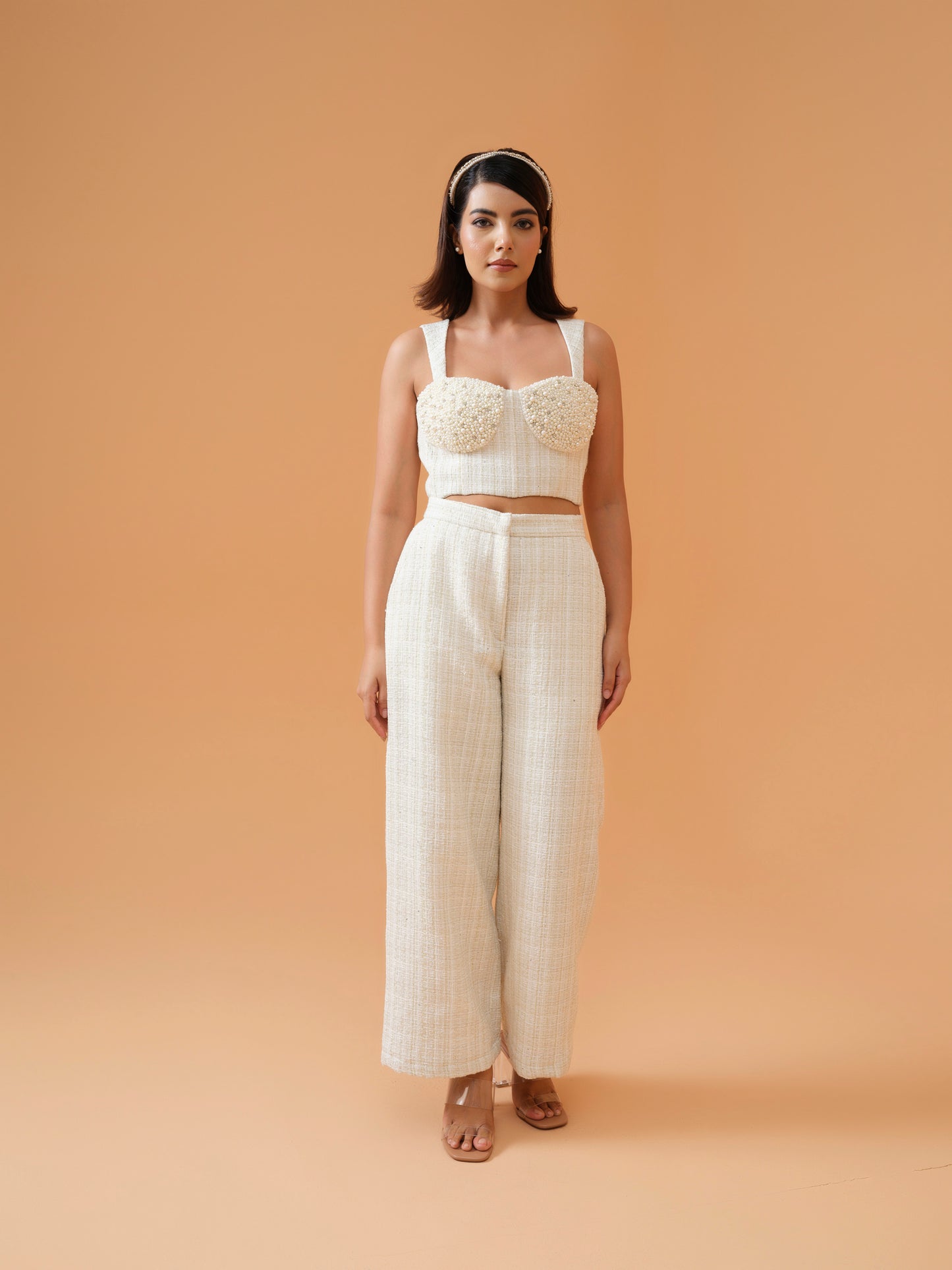 Aria co-ord with embellished corset top and ivory pants