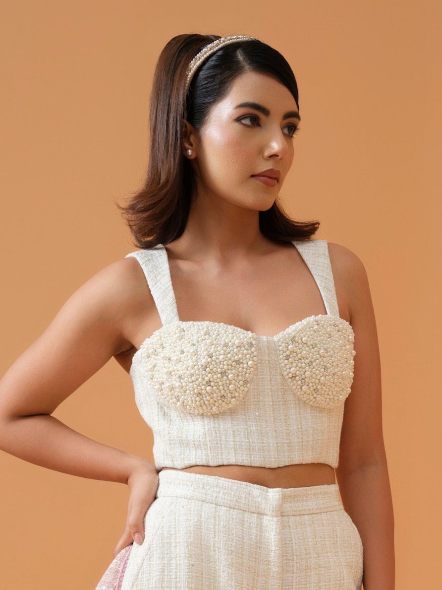 Aria co-ord with embellished corset top and ivory pants