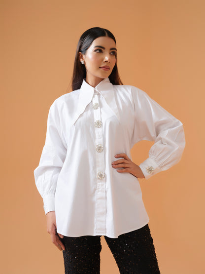 Ember - white  shirt with embellished button and enhanced collars