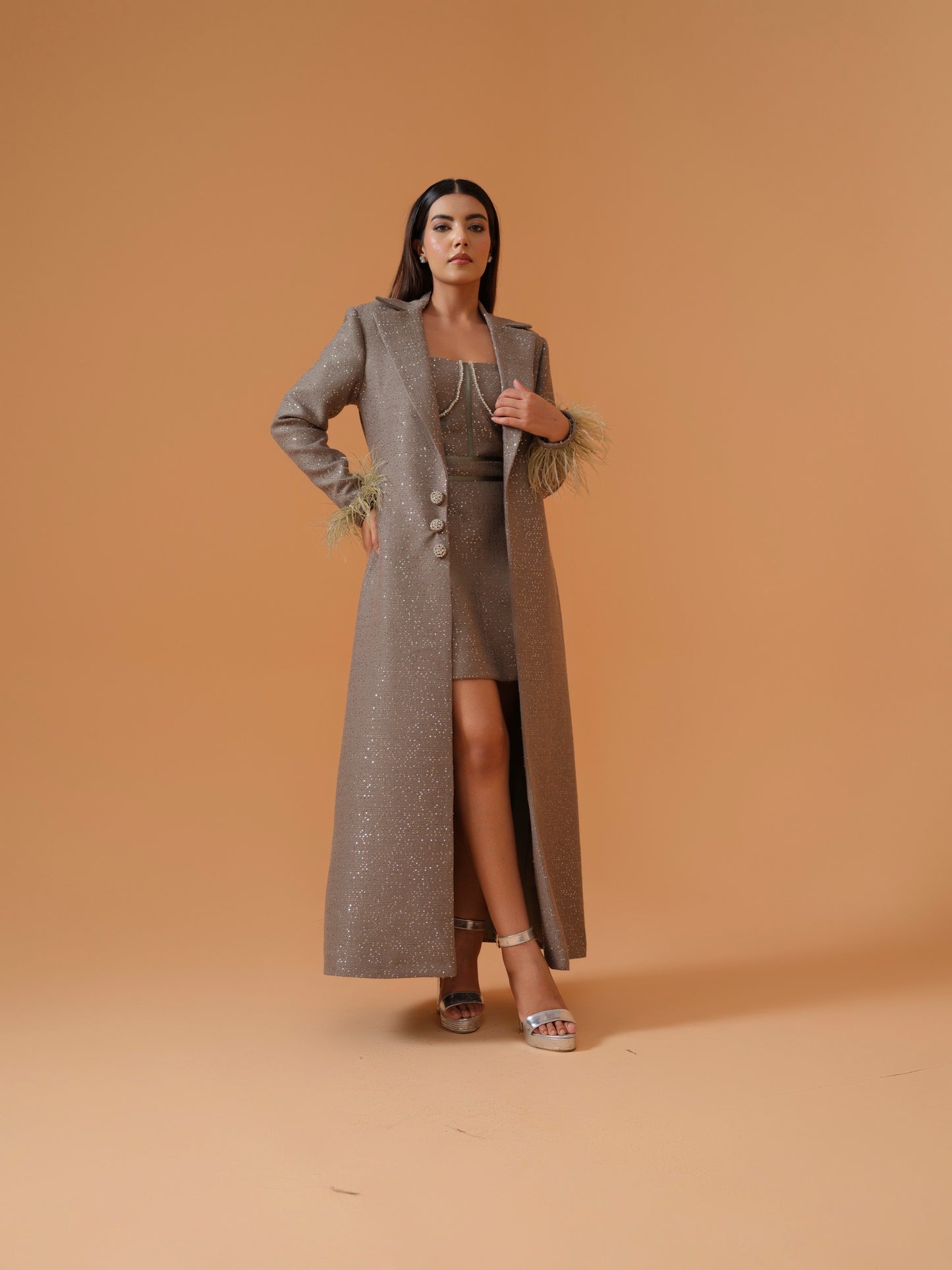 Nia co-ord set with long coat and dress