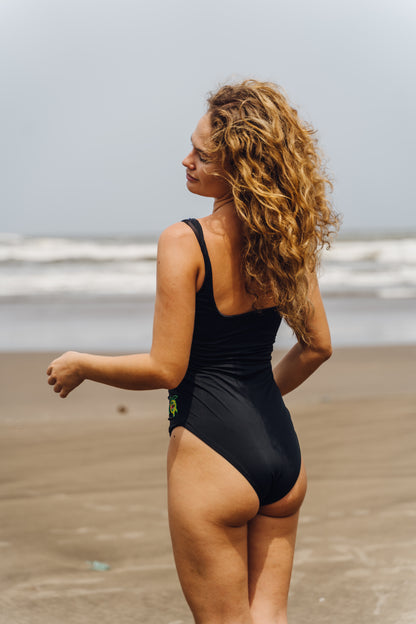 AQVI-  Black bodysuit adorned with  intricate embroidery of aquatic motifs