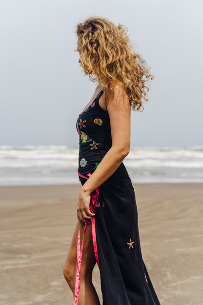 AQVI-  Black bodysuit adorned with  intricate embroidery of aquatic motifs