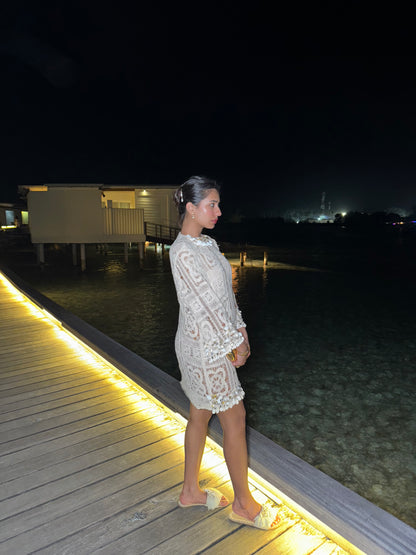 CASPIAN – A crochet dress adorned with intricate embroidery featuring Kodi shell detailing