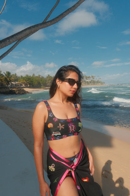 ISLAYA- Black Bikini adorned with intricate embroidery of aquatic motifs