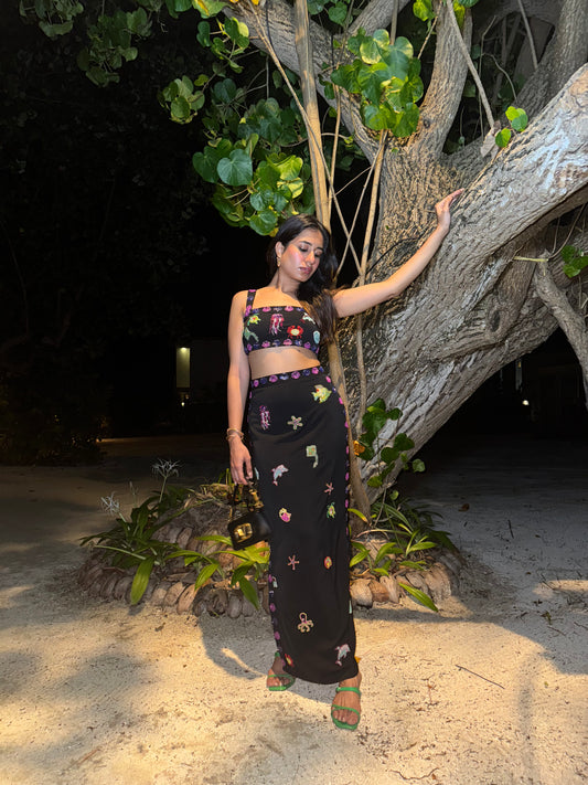 Rishina Talreja in Aquaire Co-ord set -  Black Tube top  and bodycon slit skirt with intricate embrodiery
