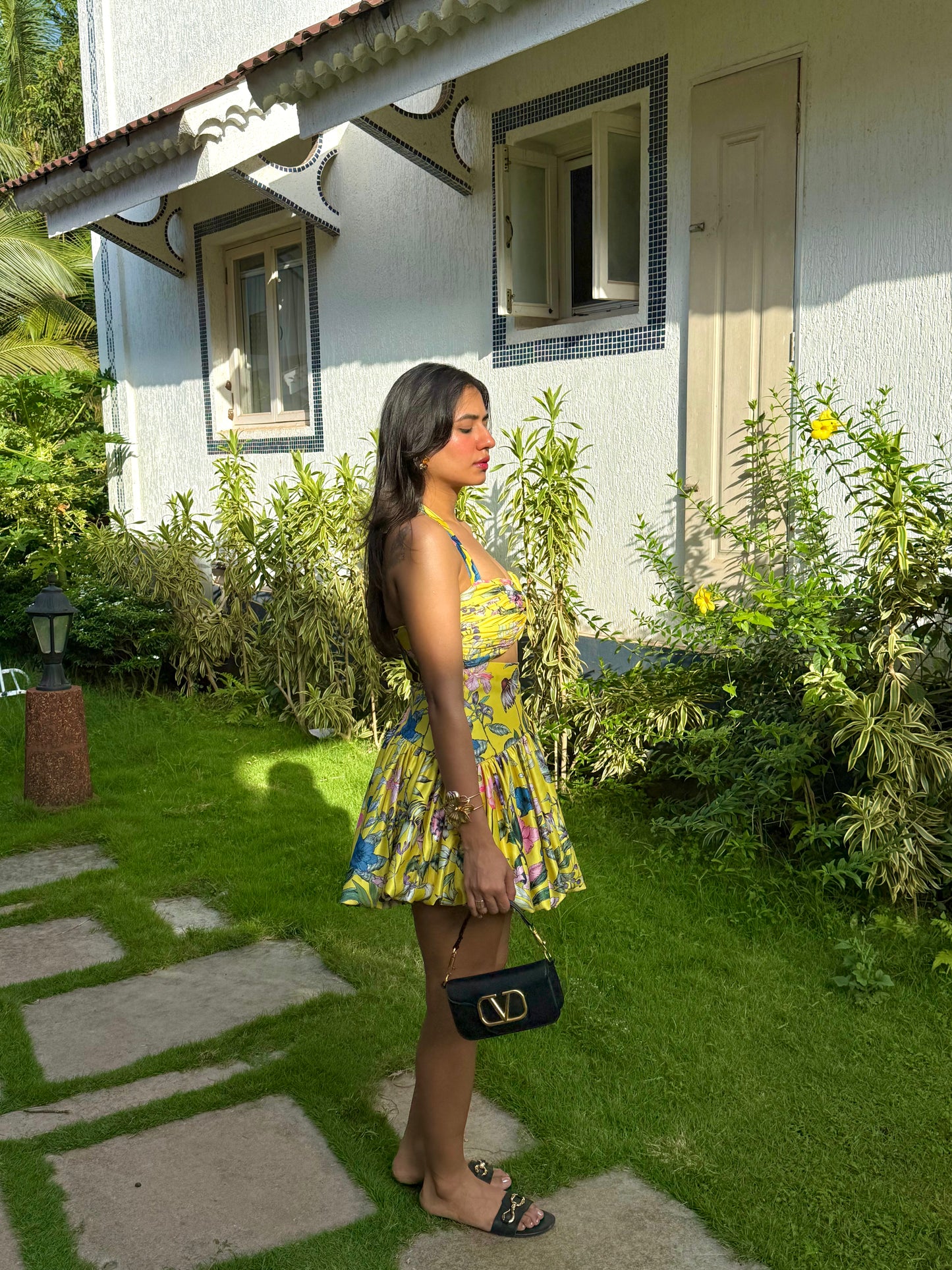 GYPSY -Short yellow printed dress with pleated bustier , flared  hem