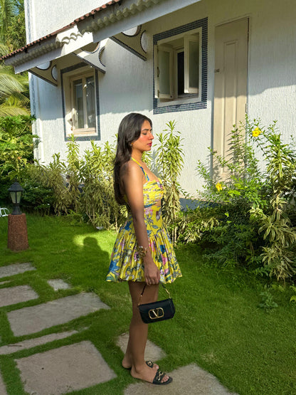 GYPSY -Short yellow printed dress with pleated bustier , flared  hem