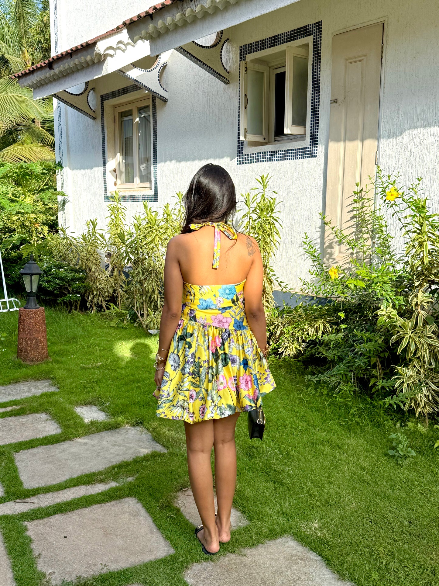 GYPSY -Short yellow printed dress with pleated bustier , flared  hem