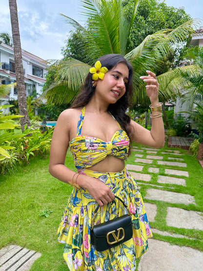 GYPSY -Short yellow printed dress with pleated bustier , flared  hem
