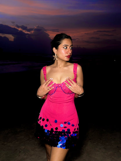 Veronica - A- line  Mini dress with heavy embroidered  bustier