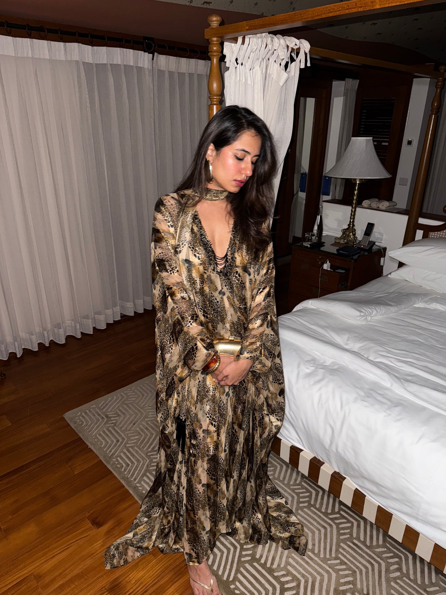 ROAM - A Cheetah print long flowy kaaftan with v neck bead detailing