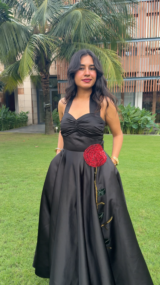 Rose – Halter neck tea length dress adorned with beautiful floral embroidery.