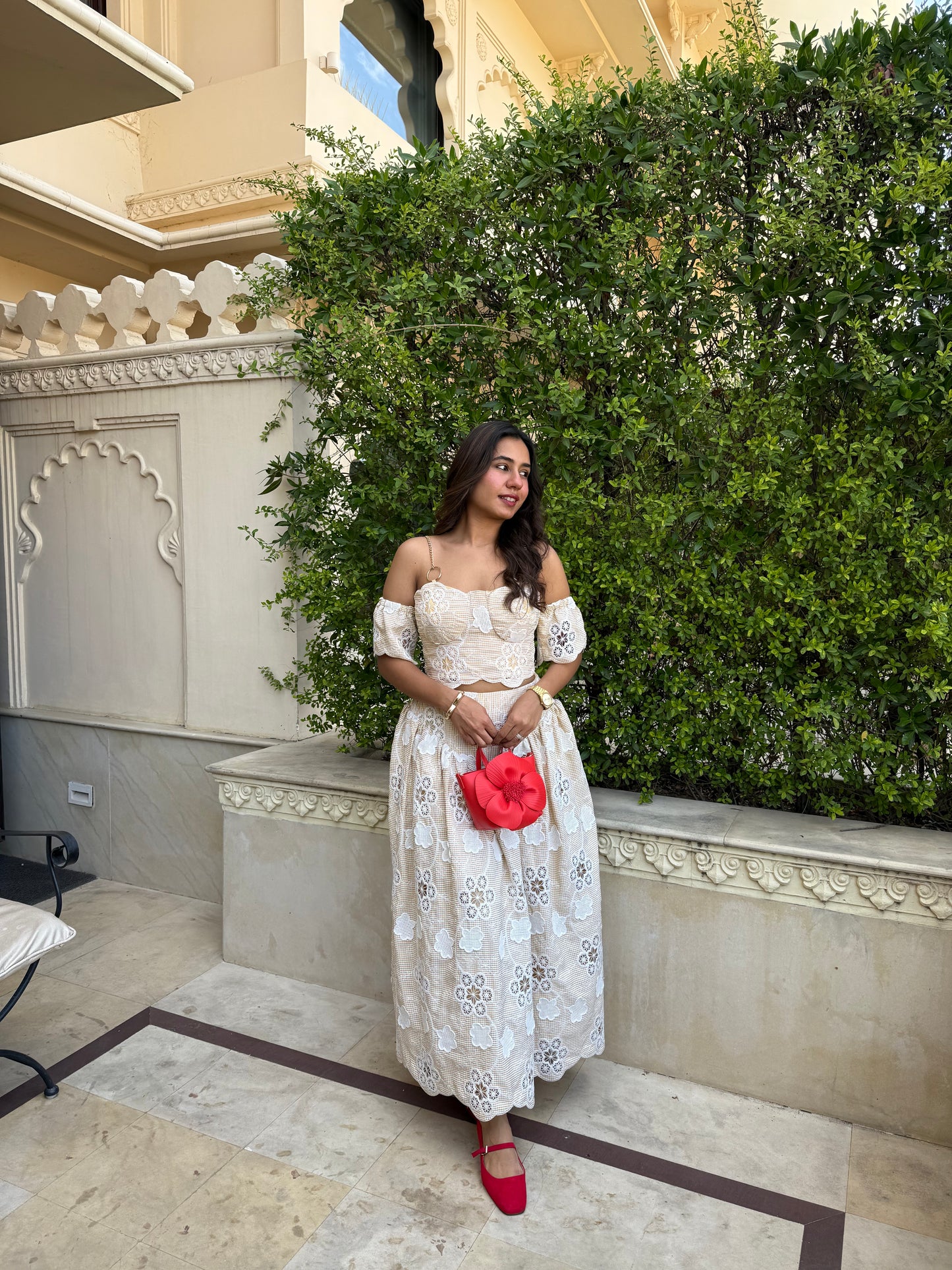 STARLIT –corset with chain detailing, paired with drop waist skirt and detachable sleeves.