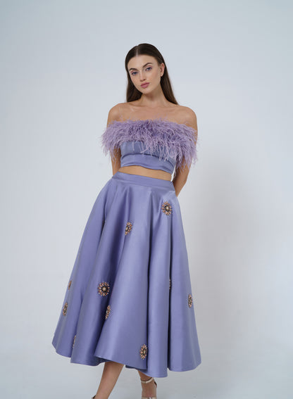 Dove - Co-ord set with Tea length skirt and Ostrich feather bustier