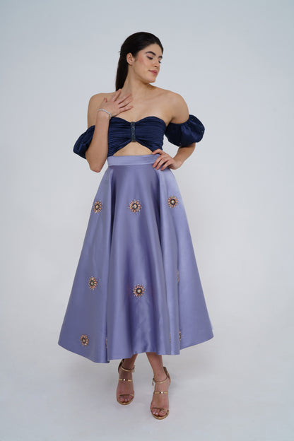 Caroline - Tea-length gown with floral embellishment